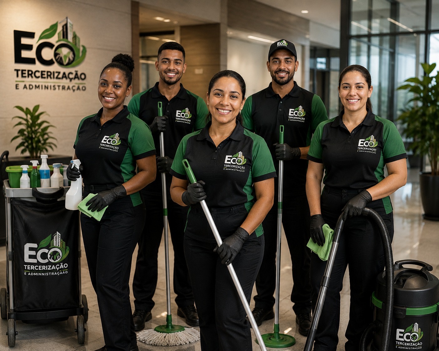 Equipe de limpeza uniformizada da 007 ECO Terceirização em ambiente corporativo