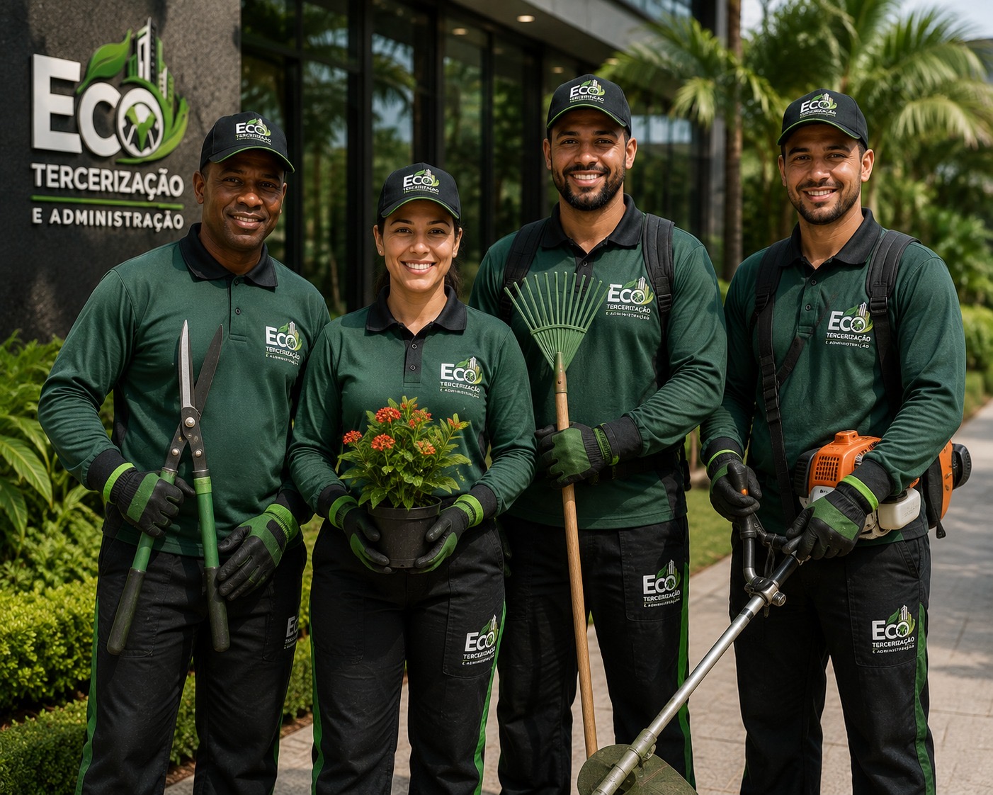 Equipe de jardinagem uniformizada da 007 ECO Terceirização em área empresarial