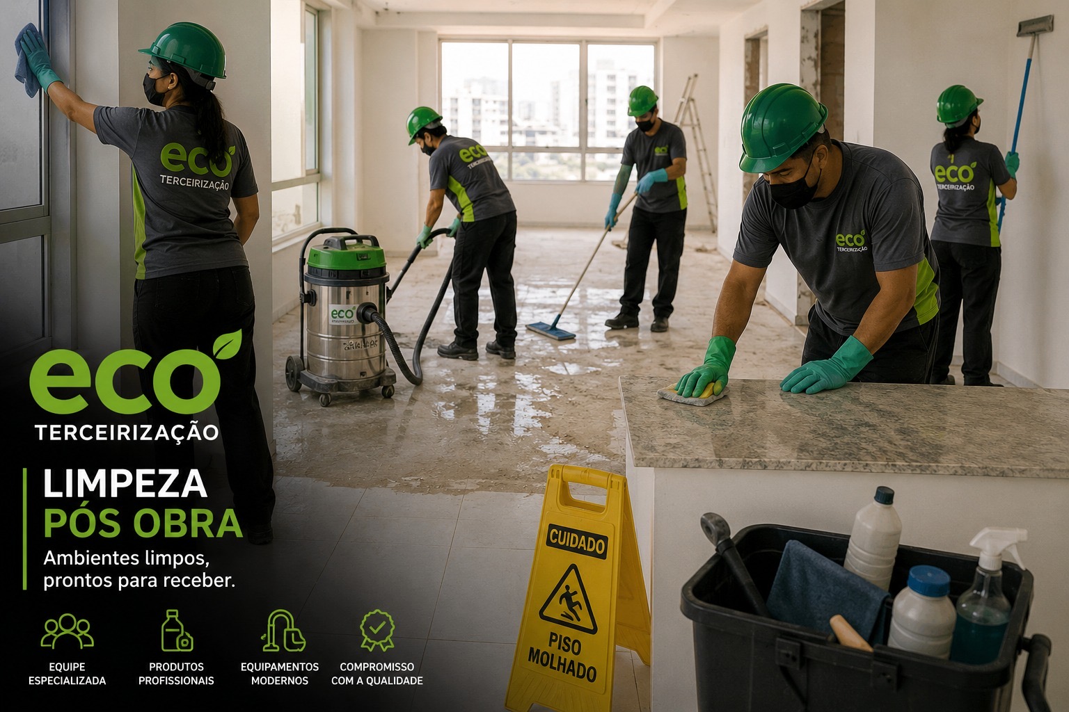 Equipe de limpeza pós-obra da ECO Terceirização