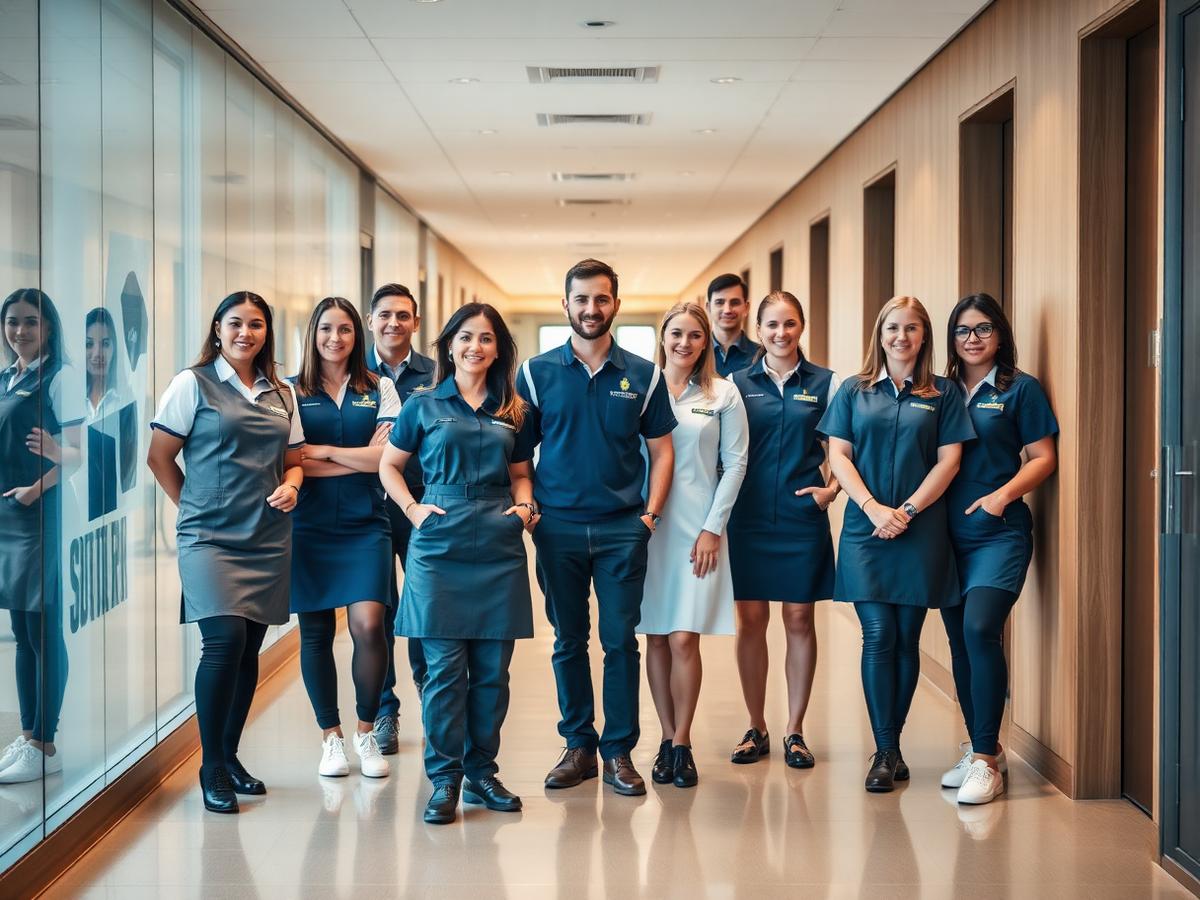 Equipe de funcionários terceirizados uniformizados em ambiente corporativo
